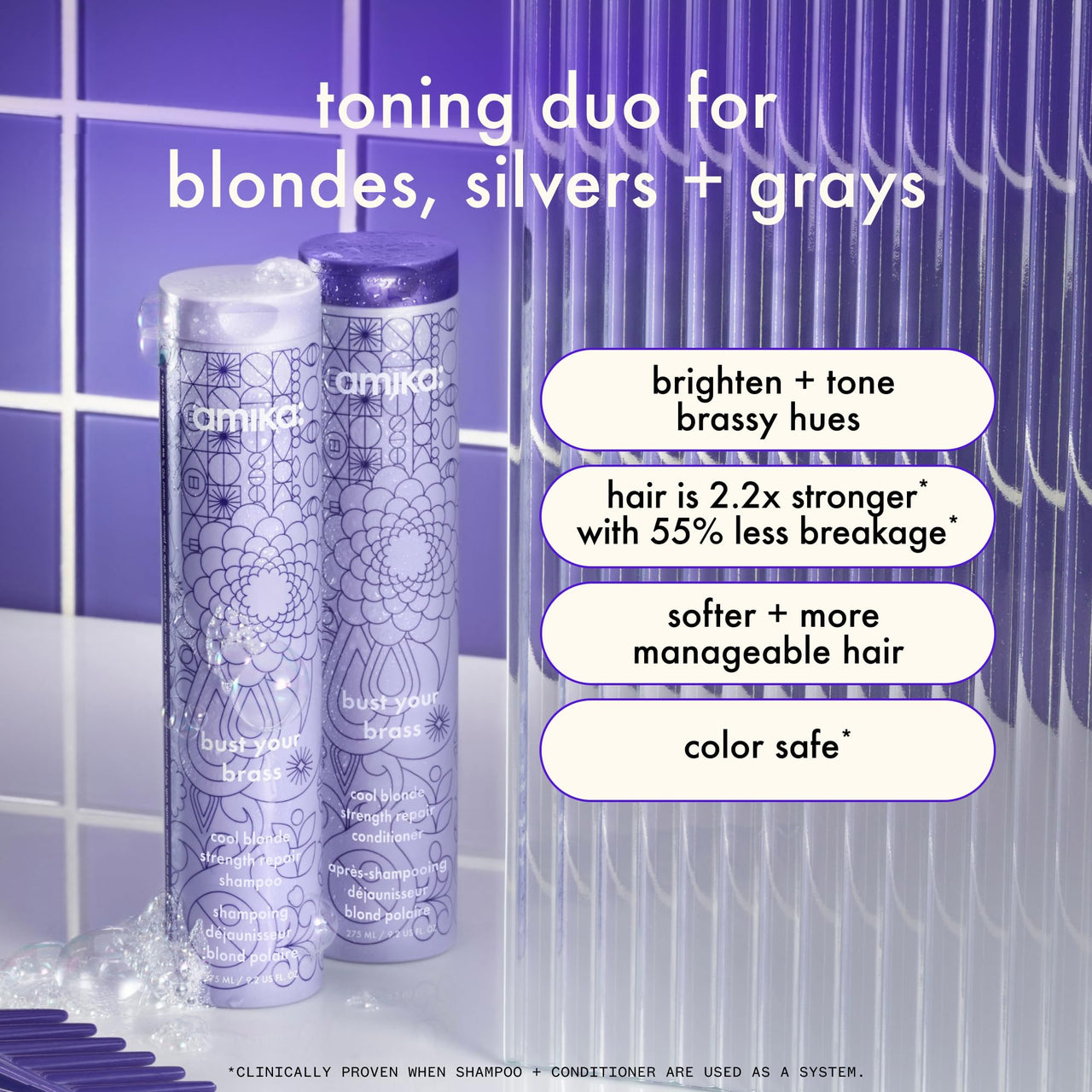 amika bust your brass cool blonde strength repair shampoo, 1000ml