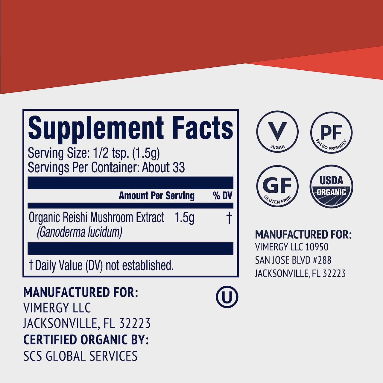 Vimergy Reishi Powder – Superfood Cellular Support* – Benefits Immune Health* – USDA Certified Organic, Vegan, Paleo-Friendly, Gluten-Free – 33 Servings