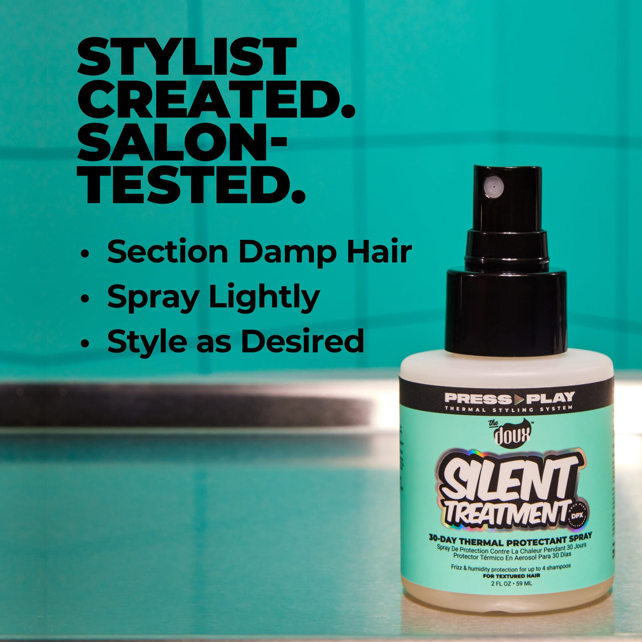 The Doux SILENT TREATMENT Anti-Frizz Heat Protectant Spray for Curly Hair – 30-Day Humidity Shield Hairspray with Keratin & Corn Starch – Travel Size Hair Styling Spray, 2 oz