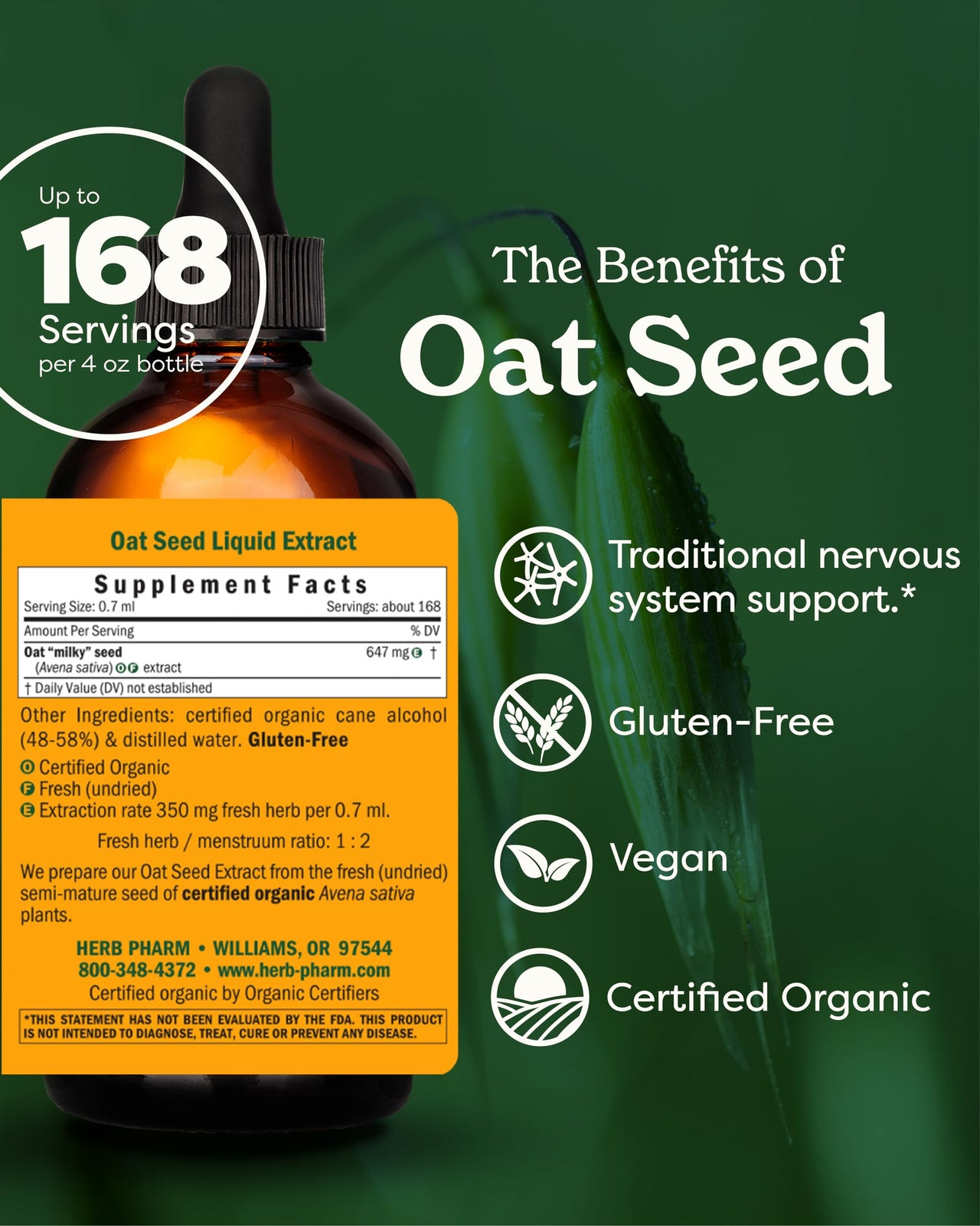 Herb Pharm Certified Organic Oat Seed Liquid Extract for Nervous System Support - 4 Ounce