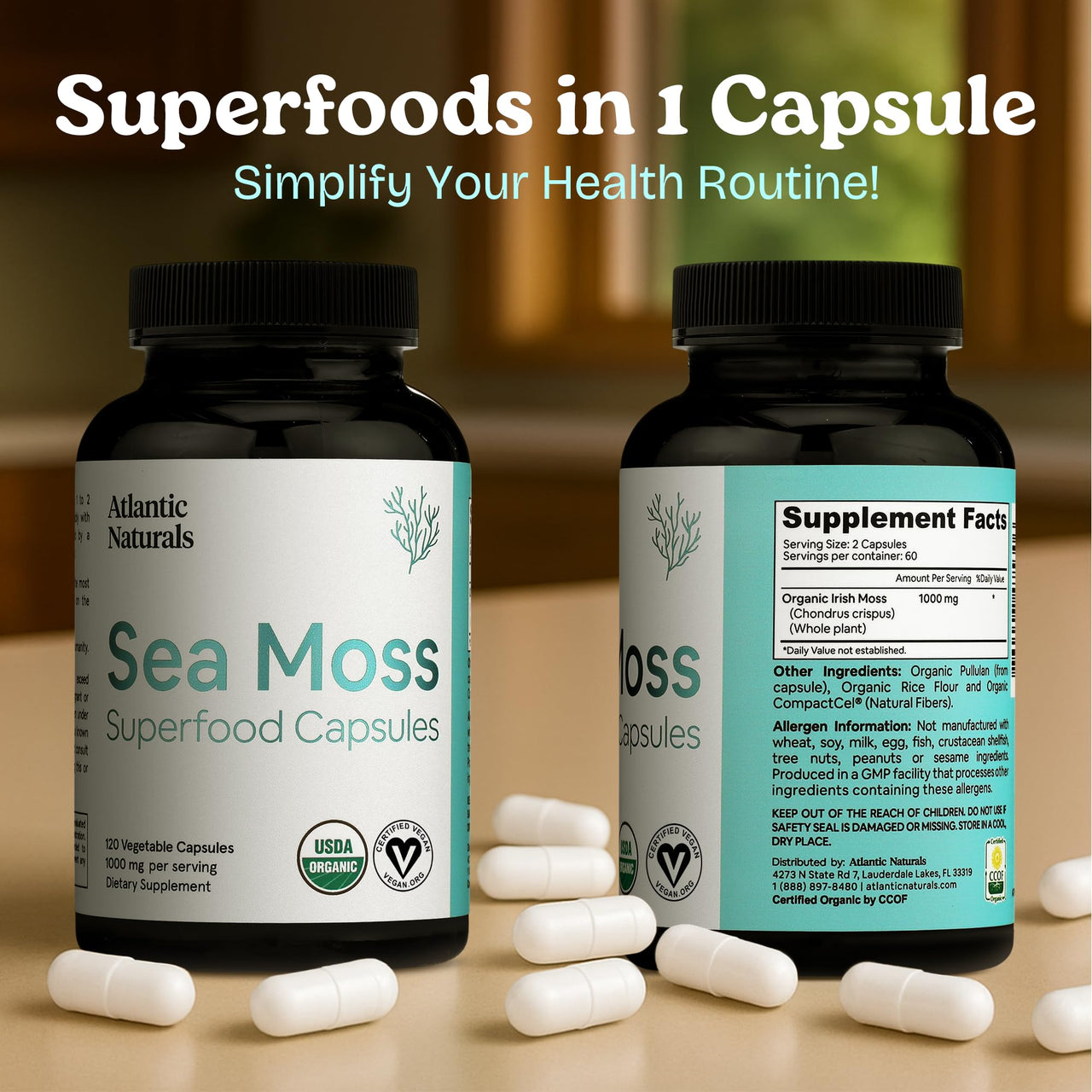 Atlantic Naturals Superfood Organic Irish Sea Moss Capsules - 120 Veggie Capsules | Wildcrafted Organic Sea Moss Supplement for Men & Women | Better Than Sea Moss Gel | Support Immunity & Skin, 1000mg