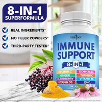 Thumbnail for NEW AGE 8 in 1 Immune Support Booster Supplement with Echinacea, Vitamin C and Zinc 50mg, Vitamin D 5000 IU, Turmeric Curcumin & Ginger, B6, Elderberry 120 Count (Pack of 2)