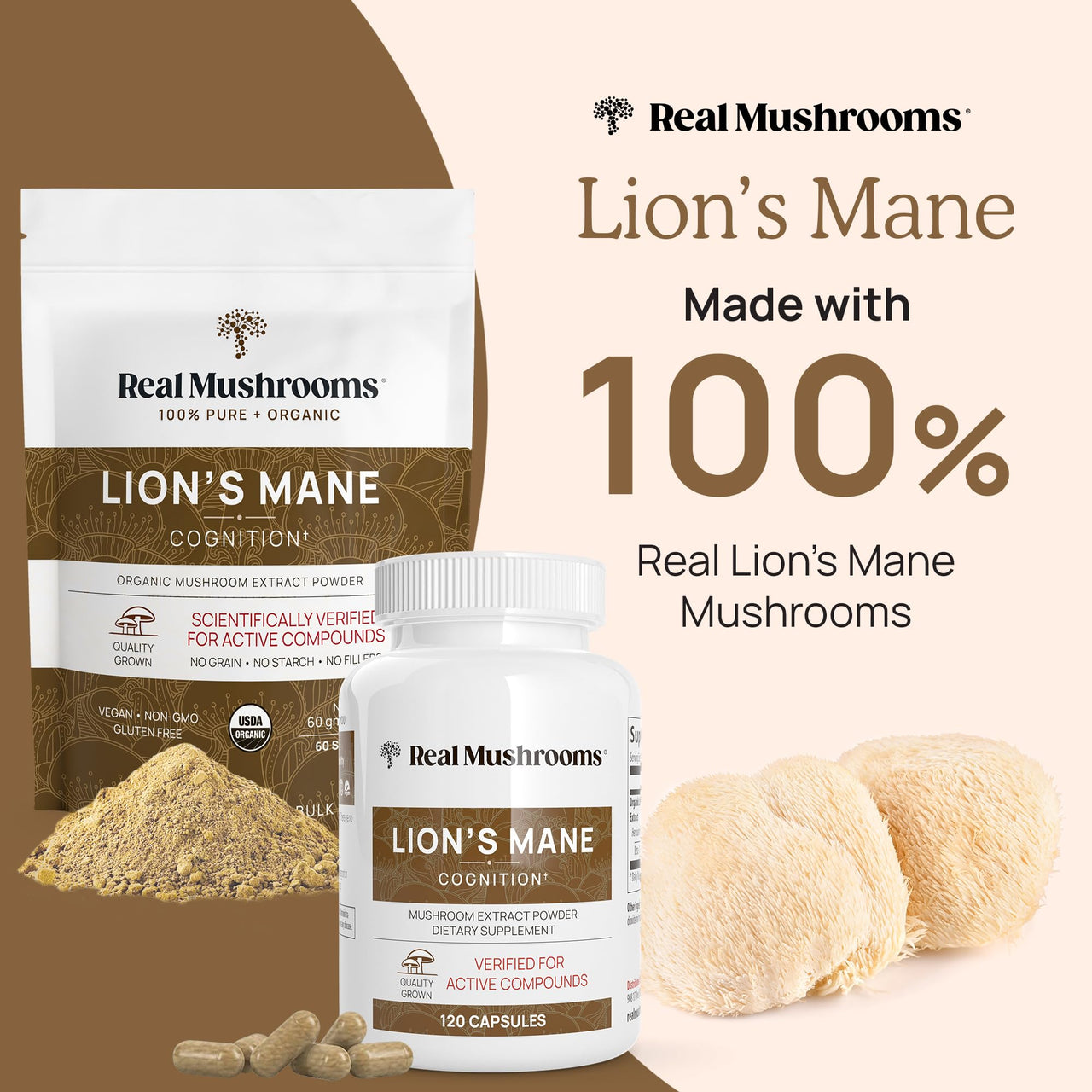 Real Mushrooms Lions Mane Mushroom Cognition (120 Capsules) Lions Mane Mushroom Powder Extract Capsules | Brain Supplement, Brain Vitamins, Focus Supplement