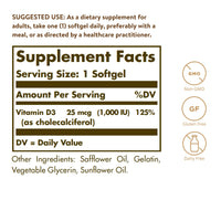 Thumbnail for Solgar Vitamin D3 (Cholecalciferol) 25 MCG (1000 IU), 250 Softgels - Helps Maintain Healthy Bones & Teeth - Immune System Support - Non-GMO, Gluten-Free, Dairy Free - 250 Servings