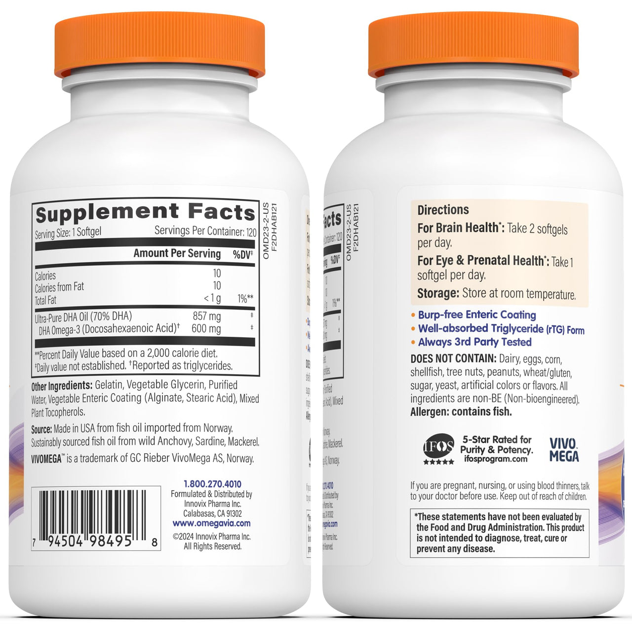 OmegaVia DHA 600 mg, Ultra Pure Omega-3 DHA Supplements for Brain and Eyes, DHA Prenatal Vitamins for Women, Burpless Fish Oil Omega 3, IFOS Tested, 120 Softgels