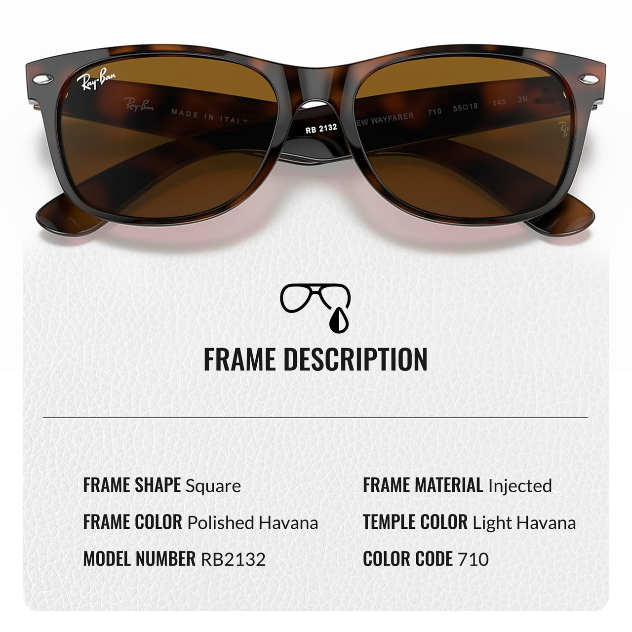 Ray-Ban RB2132 NEW WAYFARER CLASSIC Square Shaped Non-Polarized Sunglasses for Men & Women – Includes Official RAYBAN Eyewear Kit – Ideal Formal & Casual Wear Sunglasses – B-15 Brown Lens