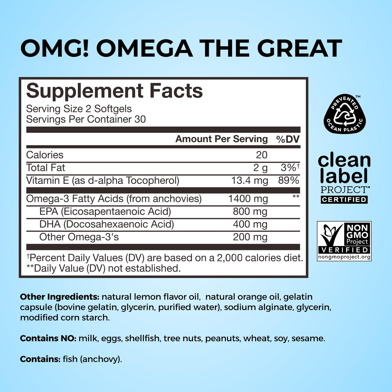 HUM OMG! Omega The Great Triple Omega 3 Fish Oil Supplement for Women & Men with Vitamin E, DHA & EPA, Skin Care & Skin Tone Support for Heart & Brain Health, Gluten Free, Non GMO, 60 Softgels