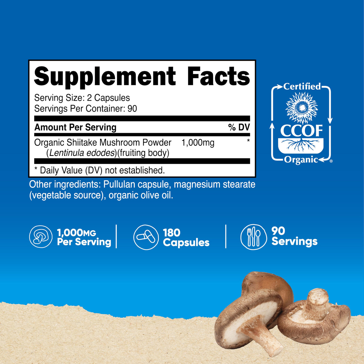 Nutricost Organic Shiitake Mushroom Capsules 1000mg, 90 Servings - CCOF Certified Made with Organic, Vegetarian, Gluten Free, 500mg Per Capsule, 180 Capsules