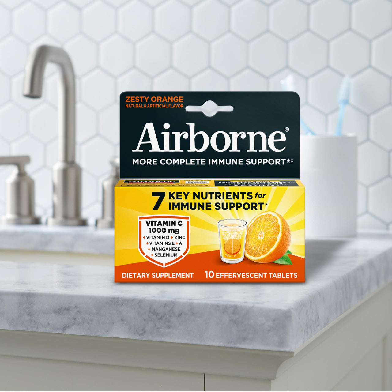 Airborne Immune Support Effervescent Tablets, Zesty Orange Flavor - 10ct with 1000mg Vitamin C + Vitamins A, D, E, Zinc, Selenium, Manganese & Herbal Blend - Sugarâ€‘Free, Glutenâ€‘Free