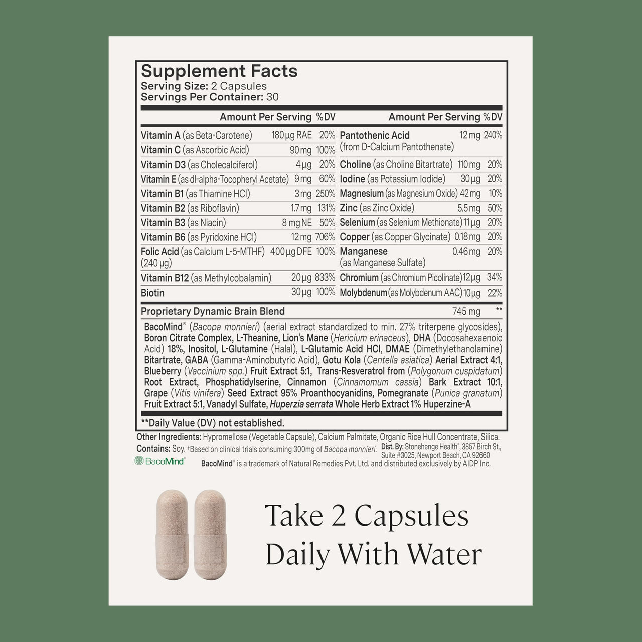 Stonehenge Health Dynamic Brain – BacoMind® Bacopa Nootropic Formula – Memory, Recall & Retention, Phosphatidylserine, Huperzine A, DHA & Choline – 40 Brain-Boosting Ingredients – Non-GMO, 60 Caps
