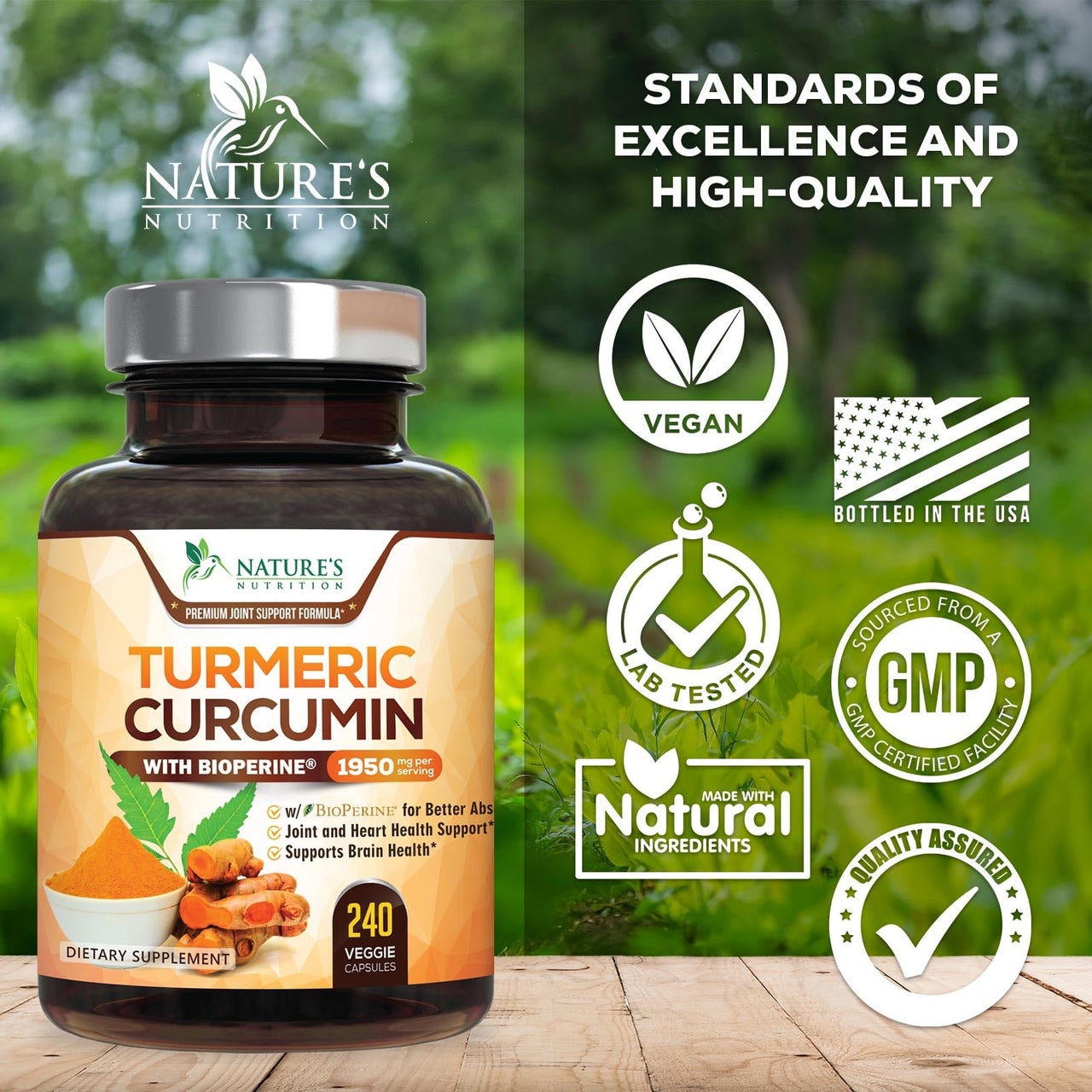 Turmeric Curcumin Supplement 95% Curcuminoids - 1800mg Organic Turmeric Per Serving - BioPerine Black Pepper Extract for Best Absorption, Natural Joint Support, Non-GMO, Bottled in USA - 240 Capsules