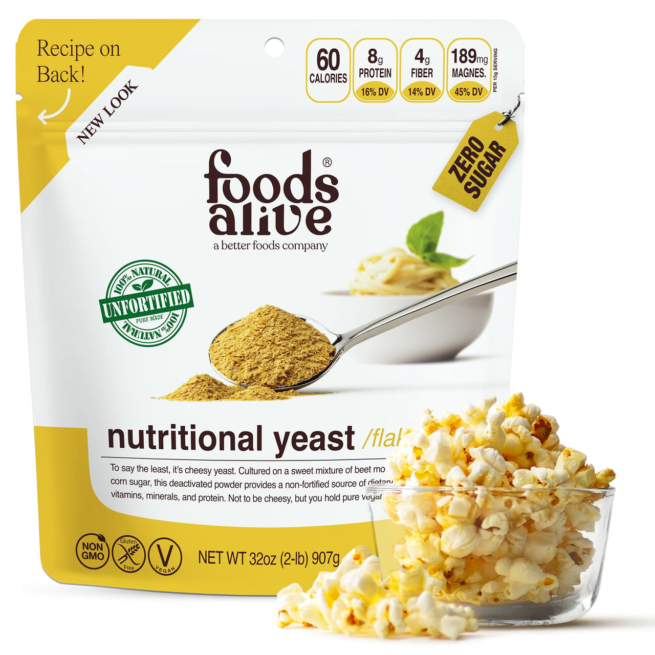 Foods Alive | Non-Fortified Premium Nutritional Yeast Flakes | 2 lbs | Unfortified Vegan Cheese Powder Seasoning
