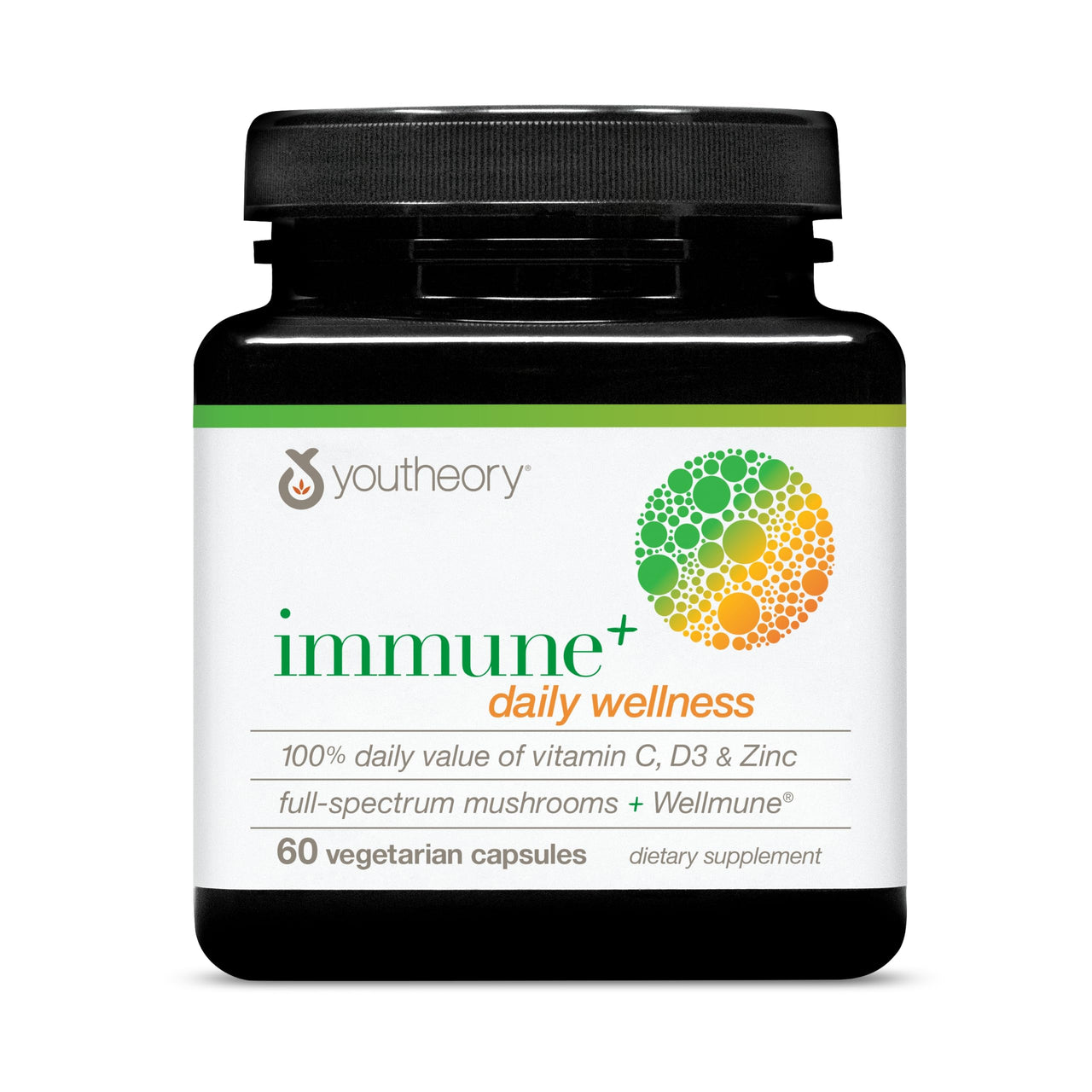 Youtheory Immune+ Daily Wellness - Vegetarian Immune Support Supplement with Vitamin C, Vitamin D3 & Zinc* - Mushroom Supplement with Turkey Tail, Cordyceps & Reishi - 60 Vegetarian Caps