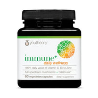 Thumbnail for Youtheory Immune+ Daily Wellness - Vegetarian Immune Support Supplement with Vitamin C, Vitamin D3 & Zinc* - Mushroom Supplement with Turkey Tail, Cordyceps & Reishi - 60 Vegetarian Caps