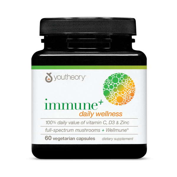 Youtheory Immune+ Daily Wellness - Vegetarian Immune Support Supplement with Vitamin C, Vitamin D3 & Zinc* - Mushroom Supplement with Turkey Tail, Cordyceps & Reishi - 60 Vegetarian Caps
