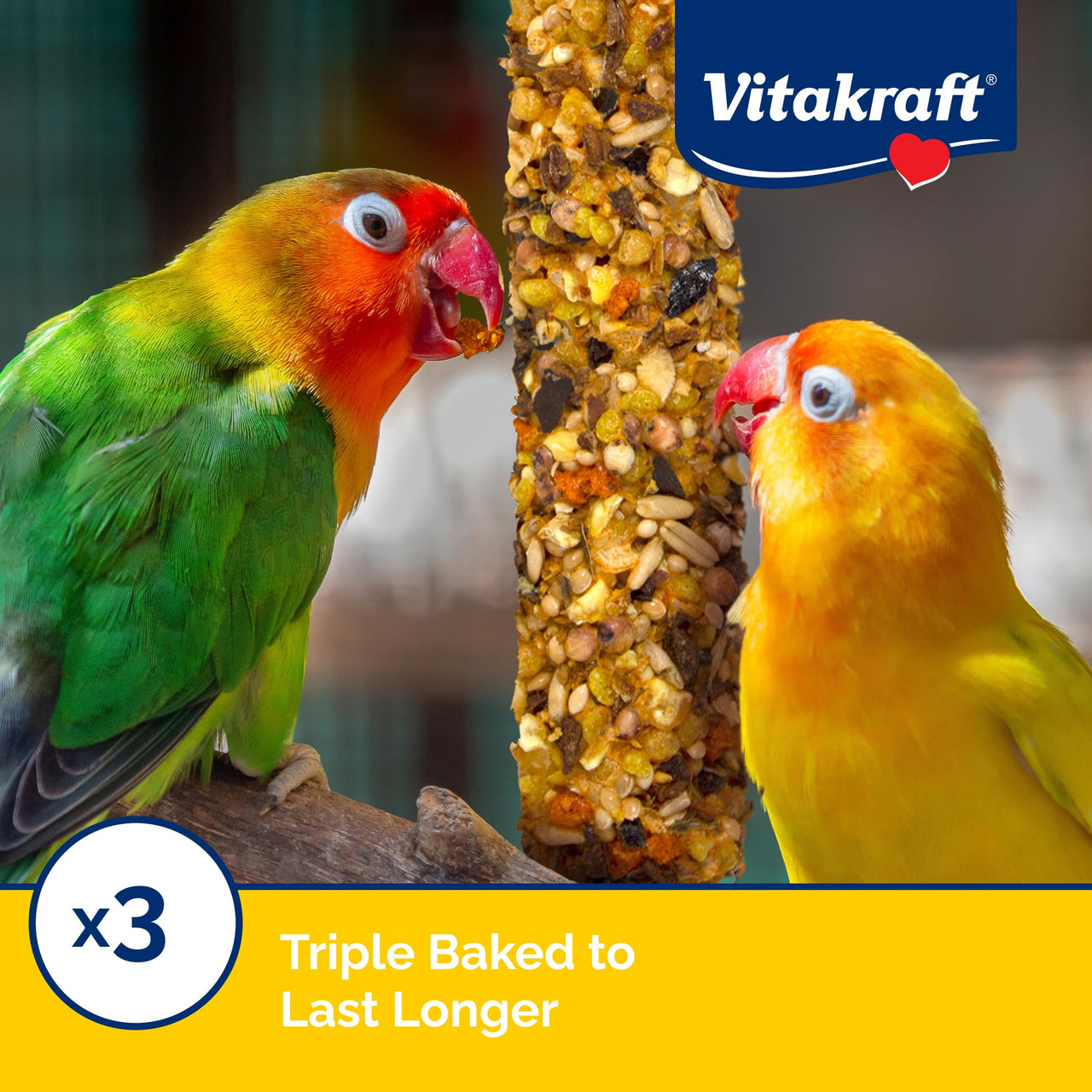 Vitakraft Crunch Sticks Conure Treat 2 Sticks - Apple and Orange Flavor – Triple Baked for Crunch – with Added Vitamins and Minerals Natural with Wood Chew Center – Includes Cage Clip Holder
