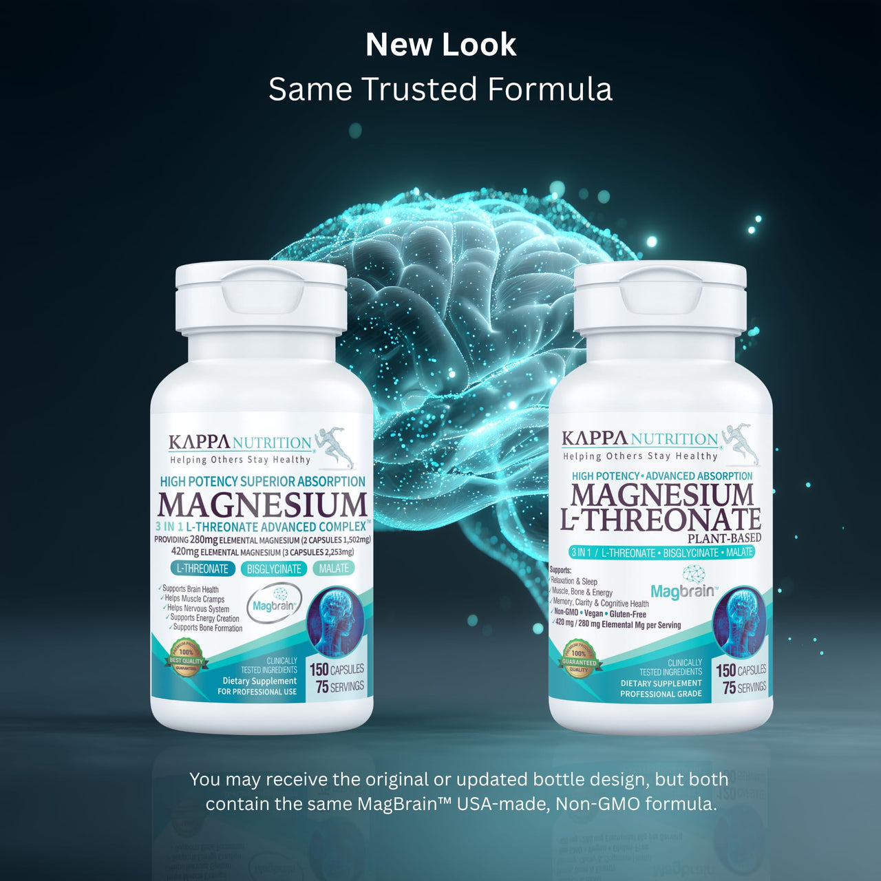 Kappa Nutrition Powered by Magbrain™ Magnesium L-Threonate Plant-Based, 150 Vegan Capsules, 420mg Elemental Magnesium (3 Capsules) from 2,253mg, Brain, Sleep & Muscle Support.