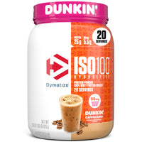 Thumbnail for Dymatize x Dunkin' Cappuccino ISO100 Whey Protein Powder, 95mg Caffeine, 25g of Protein5.5g BCAAs, 120 Cal., Gluten Free, 1g Fat, 1g Sugar, 2g Carb (20 Servings)