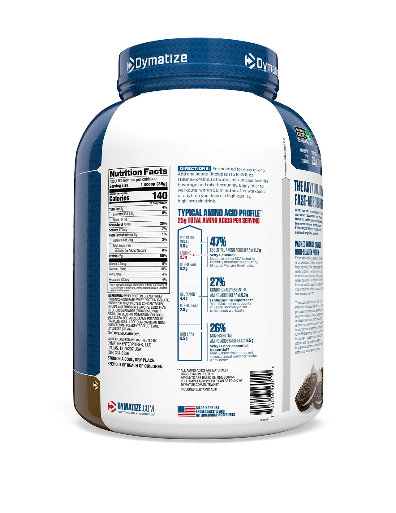 Dymatize Elite 100% Whey Protein Powder, Cookies & Cream, 25g of Protein, 5.5g BCAAs, Less Than 140 Cal., Gluten Free, 2g Carb, 2g Sugar, 3g Fat (63 Servings)