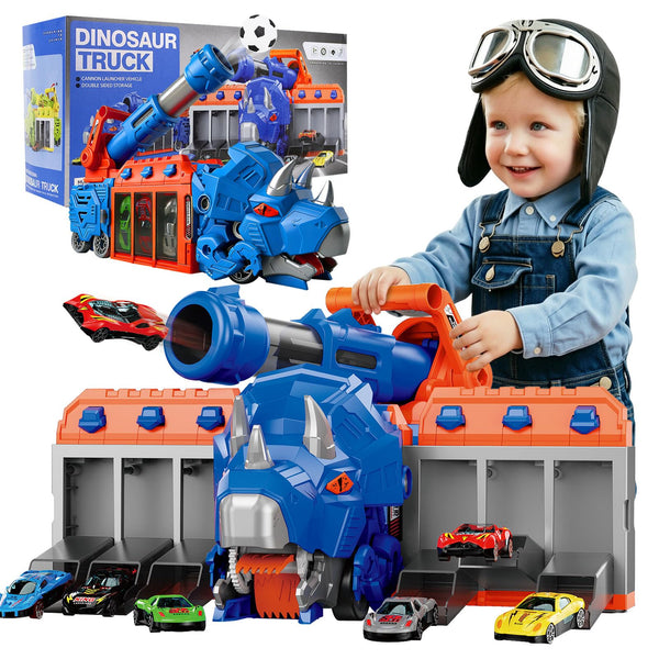 STBEIMEIMY Triceratops Dinosaur Truck, Foldable Storage & Shooting with 10 Cars Foldable Storage Holds 10 Cars & 12 Soft Balls, Sturdy Non-Toxic Build, Indoor & Outdoor Play