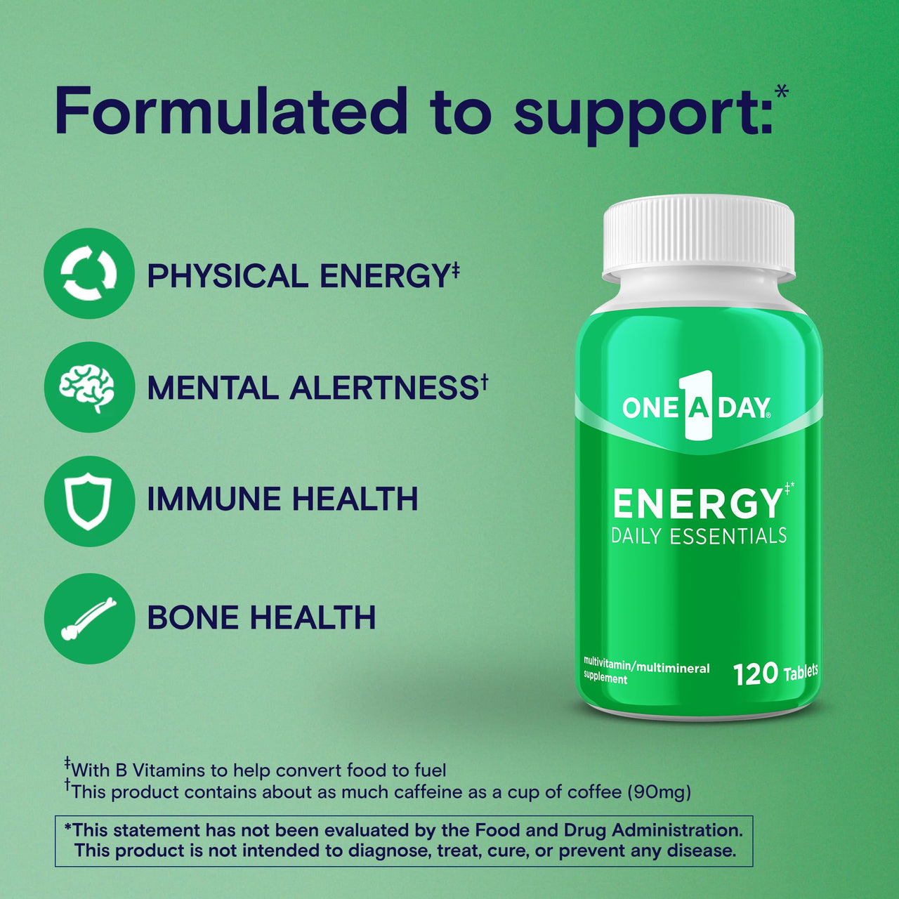 One A Day Energy Daily Essentials Multivitamin, Energy Supplement to Support Mental Alertness and Immune Health with Vitamins A C, D, E, Zinc and Caffeine, 120 Count
