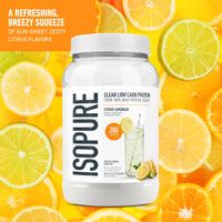 Thumbnail for Isopure Clear Whey Isolate Protein Powder, Lactose Free, Gluten Free, Naturally Flavored, Citrus Lemonade, 20g Protein Per Serving, 1.9 Lb, 36 Servings (Packaging May Vary)