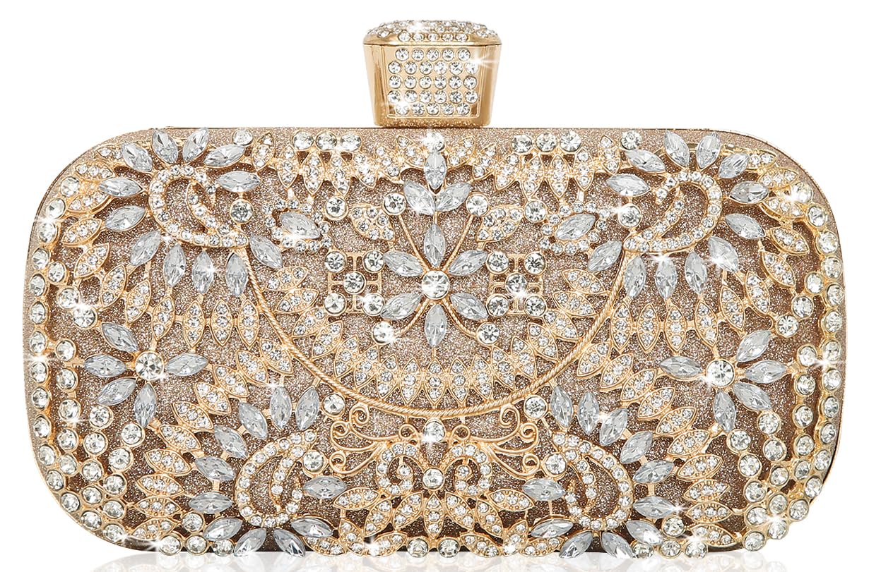 Covelin Women's Rhinestone Decorated Evening Bag, Tote Shoulder Crossbody Handbag with Chain Champagne