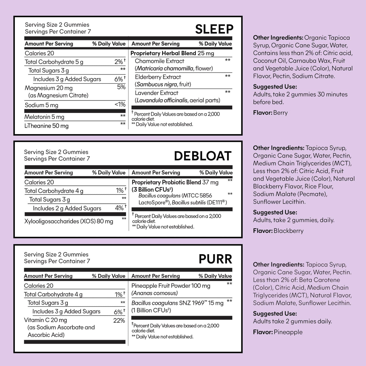Lemme Sleep, Debloat & Purr Variety Sampler Pack | Melatonin & Magnesium for Sleep | Probiotics & Prebiotics for Bloating | Vaginal Probiotic & Pineapple Gummies - Gluten-Free, Non-GMO - 14ct