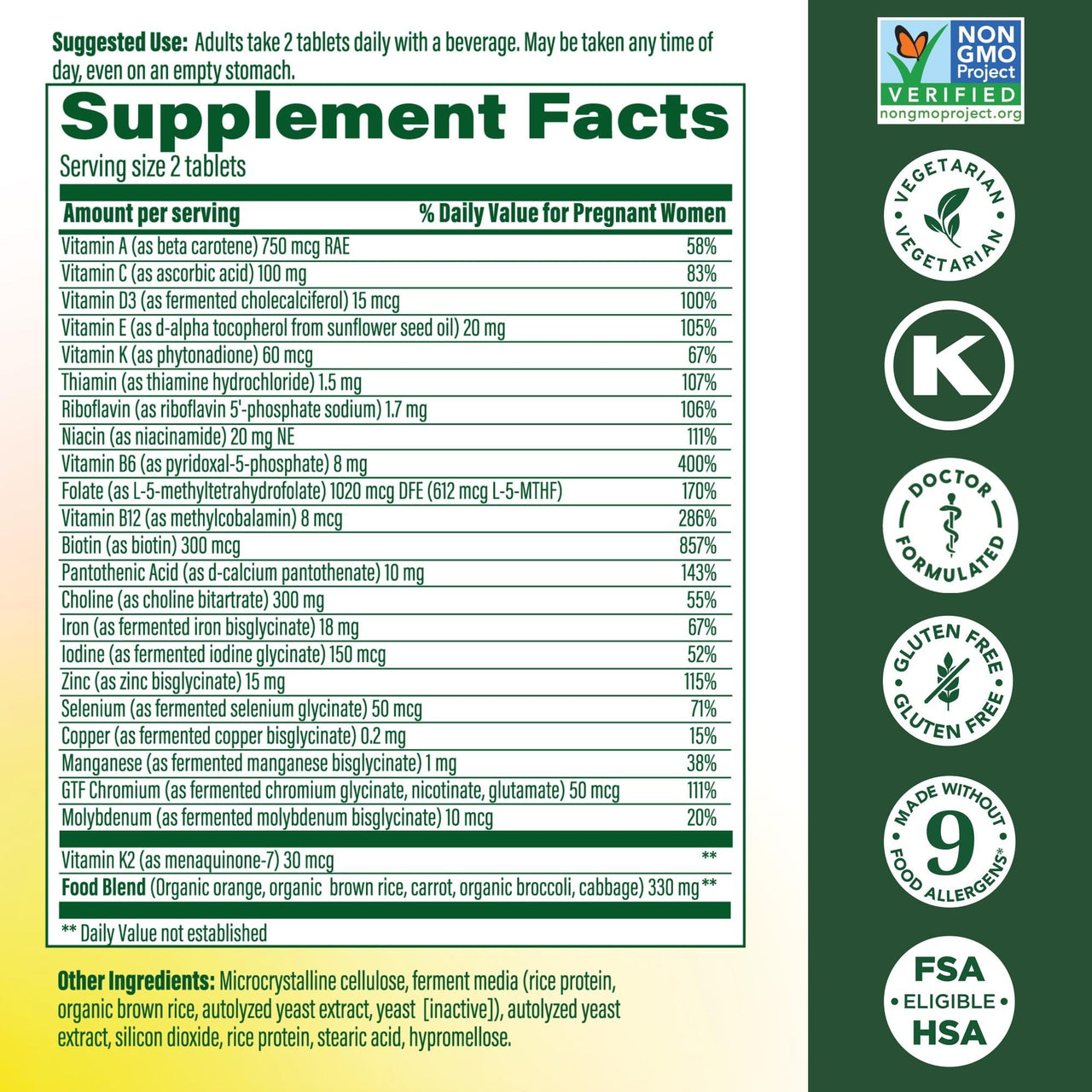 MegaFood Baby & Me 2 Prenatal Vitamin and Minerals - Vitamins for Women - with Folate (Folic Acid Natural Form), Choline, Iron, Iodine, and Vitamin C, Vitamin D and more - 60 Tabs (30 Servings)