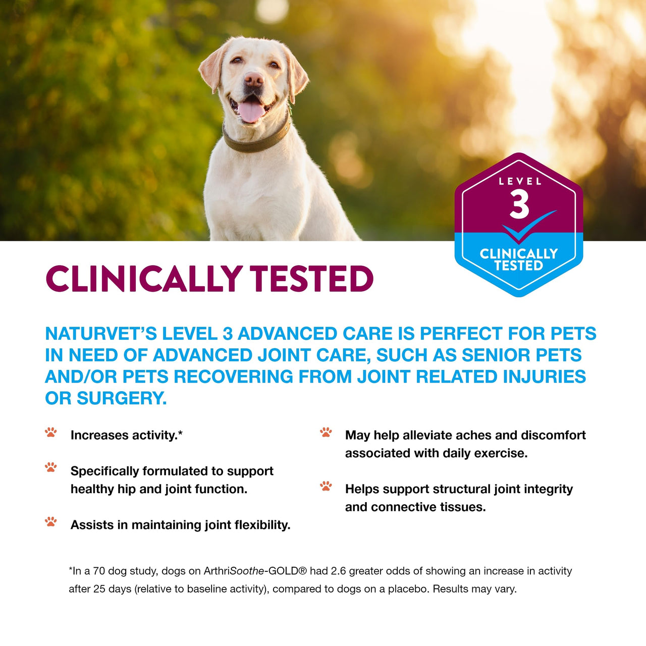 NaturVet ArthriSoothe-Gold Level 3, MSM and Glucosamine for Dogs and Cats, Advanced Joint Care Support Supplement with Chondroitin and Omega 3, Clinically Tested, Chewable Tablets, Made in The USA
