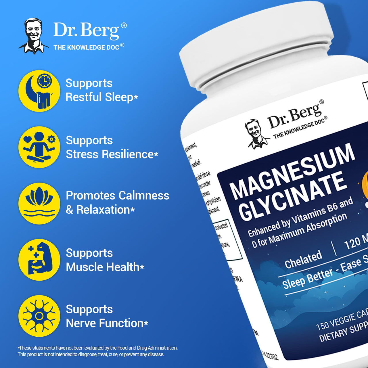 Dr. Berg Magnesium Glycinate with Vitamin D, B6 & Zinc for Stress Relief, Calm, Relaxation, & Good Sleep* - 120 mg Per Magnesium Supplement Capsule - Chelated Magnesium Glycinate - 150 Caps