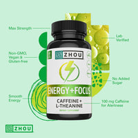 Thumbnail for Zhou Energy + Focus - L Theanine Caffeine Pills, 200mg L-Theanine, 100mg Natural Anhydrous Caffeine Boost for Adults, Men & Women, Slow Extended Release - 60 Vegetarian Capsules (Pack of 1)