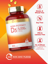 Thumbnail for Carlyle Vitamin D3 5000 IU Softgels | 500 Count | Value Size | Non-GMO and Gluten Free Supplement | High Potency Formula | 125mcg