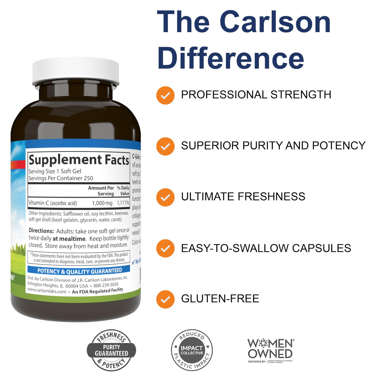 Carlson - C-Gels, 1000mg, Vitamin C Softgels, Immune Support & Heart Health, Vitamin C Softgels, Antioxidant, Vitamin C Supplement, 250 Softgels