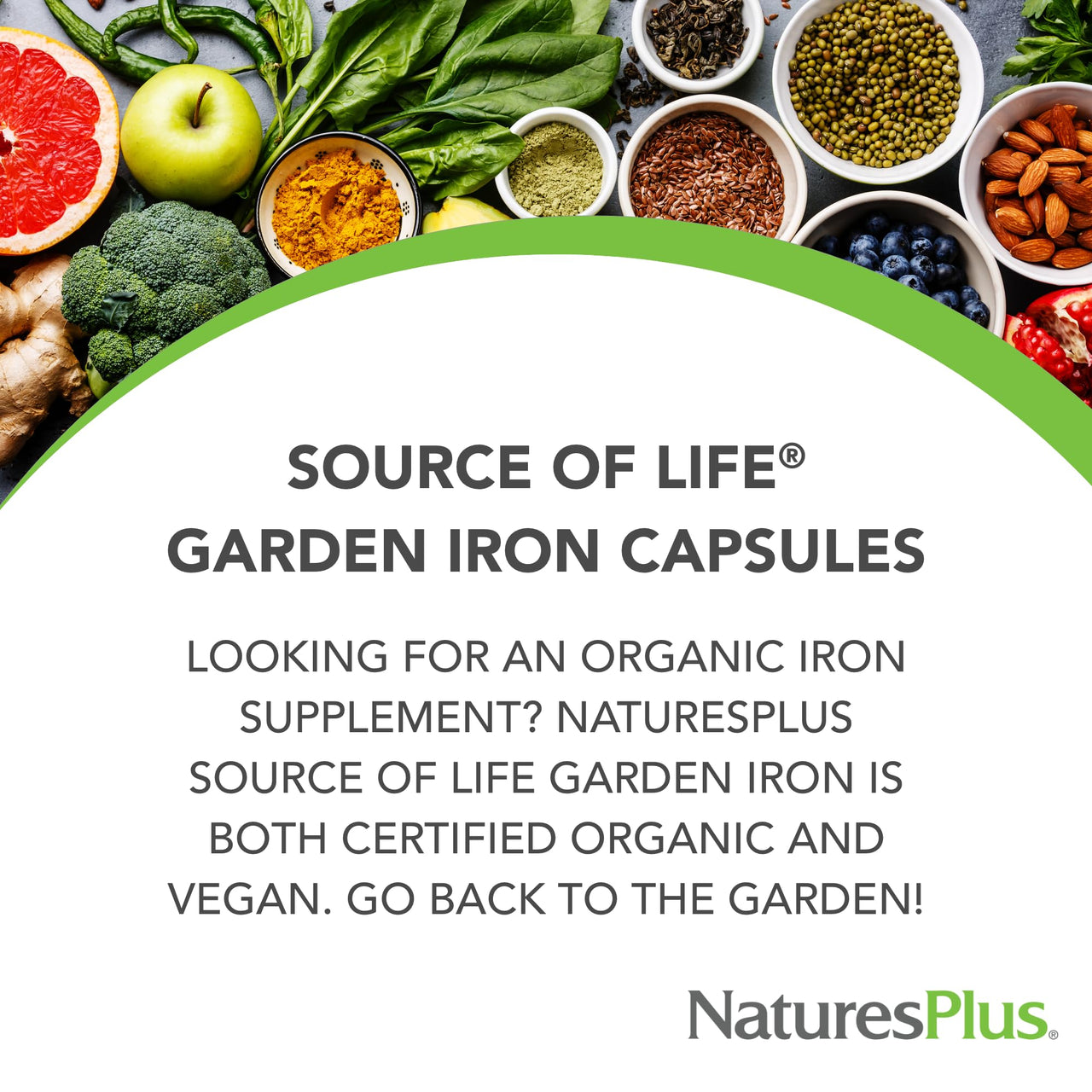 NaturesPlus Source of Life Garden Iron - 30 Quick-Release Capsules - Plant-Based Iron Supplement with 20+ Whole-Food Extracts - Fast Acting - USDA Certified Organic - 30 Servings