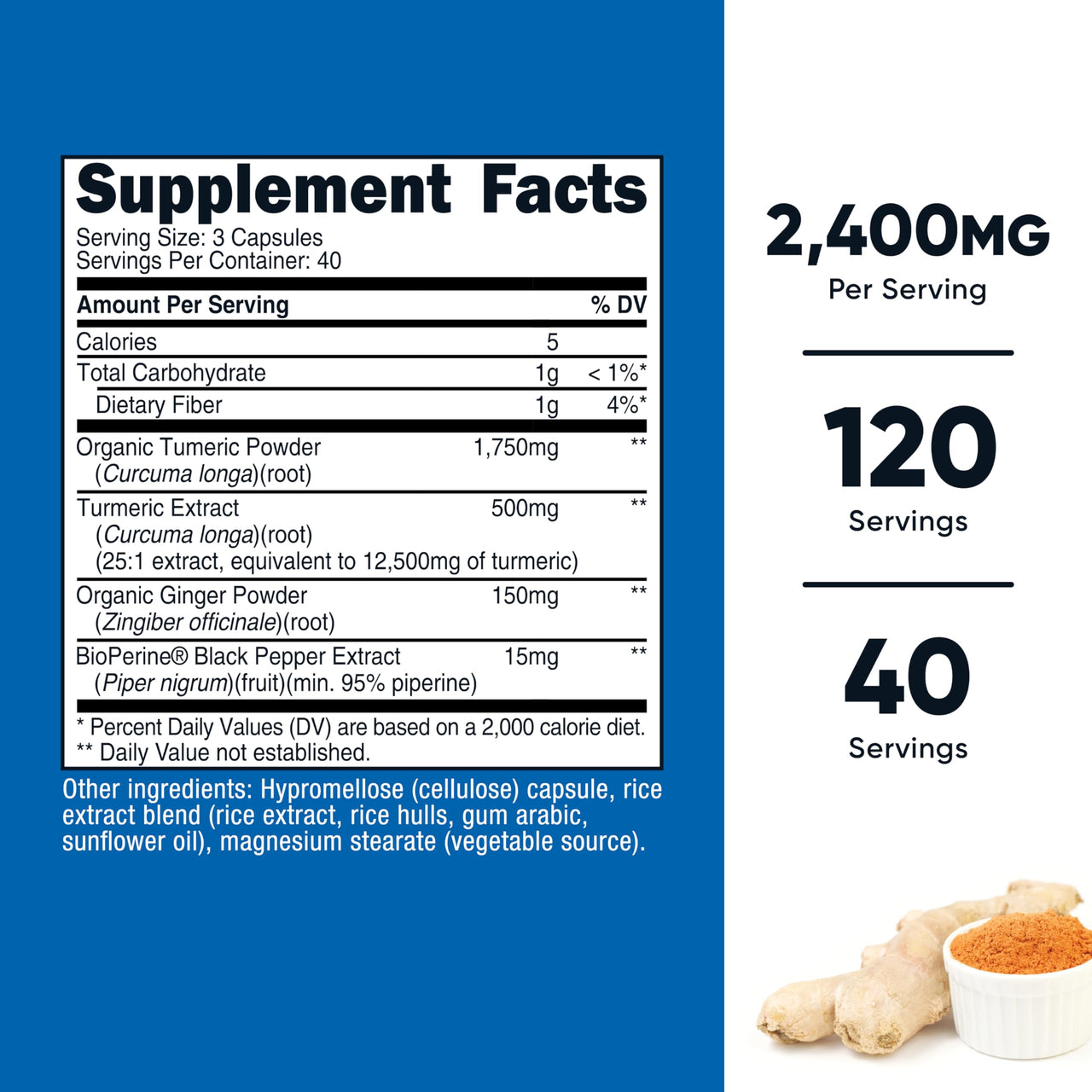 Nutricost Turmeric + Ginger Capsules with Bioperine, 2400mg Per Serving, 120 Capsules - GMO-Free, Gluten-Free, 40 Servings