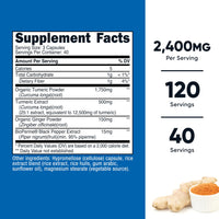 Thumbnail for Nutricost Turmeric + Ginger Capsules with Bioperine, 2400mg Per Serving, 120 Capsules - GMO-Free, Gluten-Free, 40 Servings