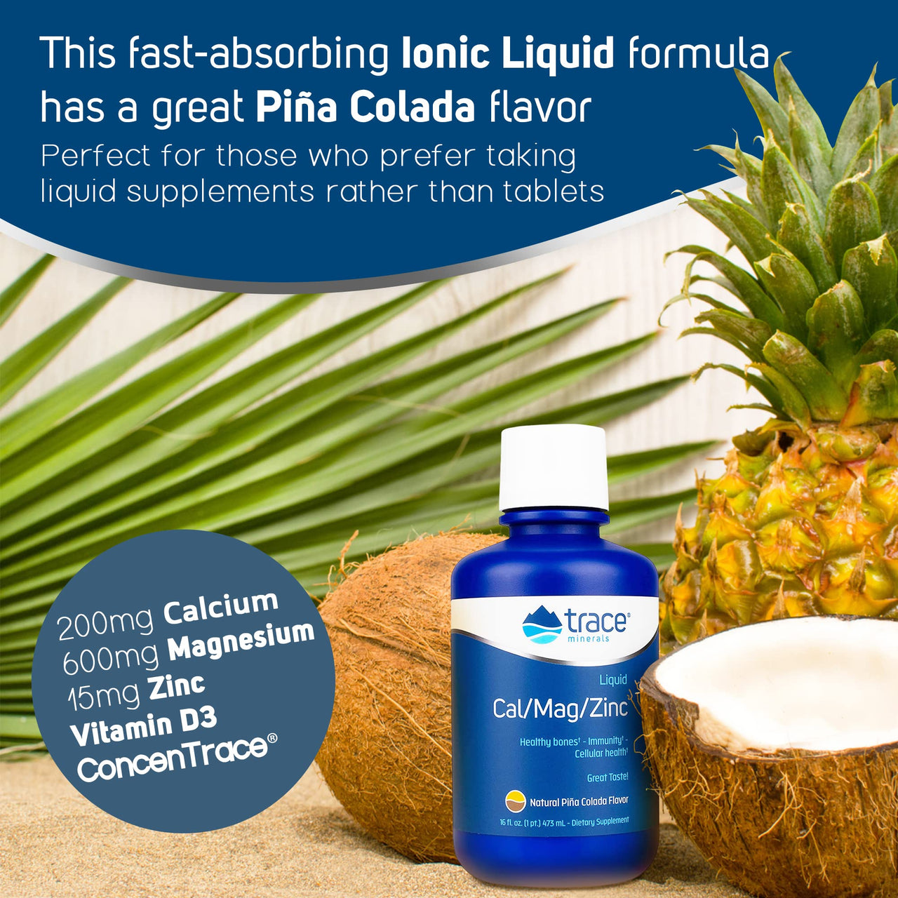Trace Minerals Cal/Mag/Zinc - Liquid Mineral Supplement for Natural Body Health - Bone, Muscle & Cellular Health - Supports Immunity & Energy - Gluten-Free - 16Fl Oz (32 Servings) - Pineapple Coconut