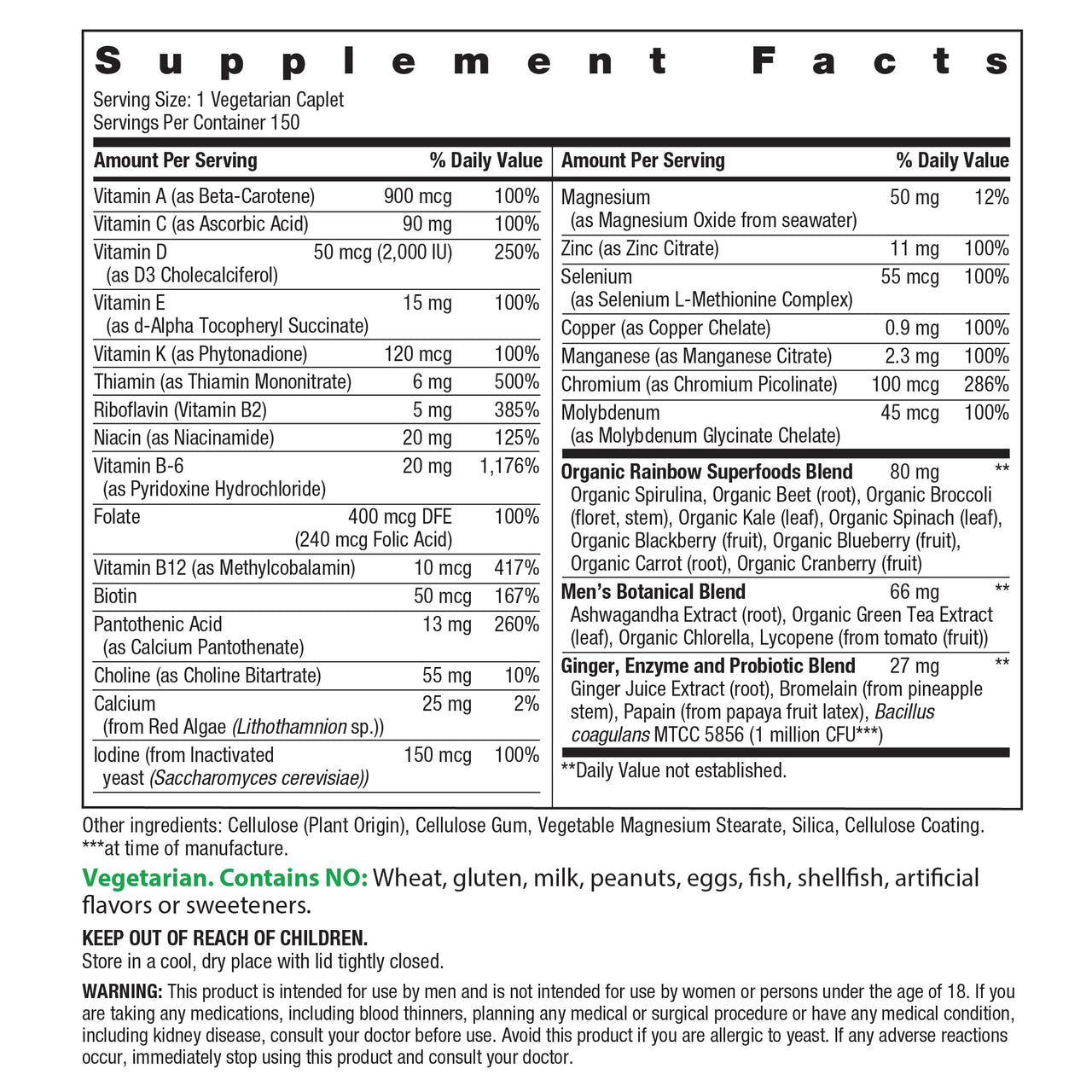Rainbow Light Mens Multivitamin One + | 150 Caplets | Supports Cellular Energy & Immune Health | with Vitamins C, D, and Zinc | Real Food Nutrients, Digestive Enzymes & Probiotics
