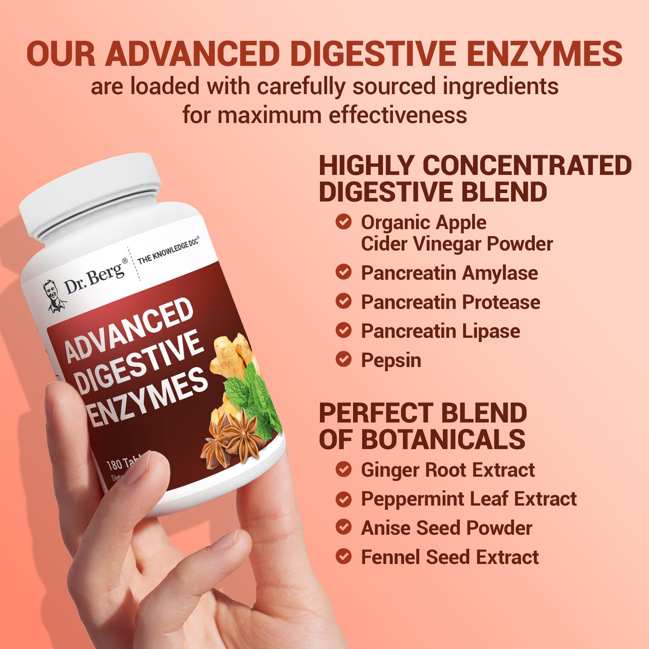 Dr. Berg Advanced Digestive Enzymes with Apple Cider Vinegar - Includes Digestive Health Ingredients Like Betaine Hydrochloride (HCI), Ginger Root & Peppermint Leaf - 180 Tablets
