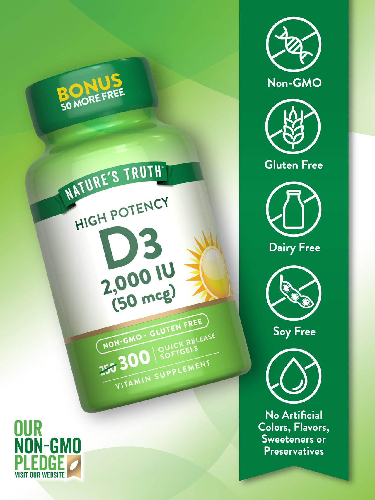 Nature's Truth Vitamin D3 2000 IU | 300 Softgels | High Potency Formula | Non-GMO & Gluten Free Supplement