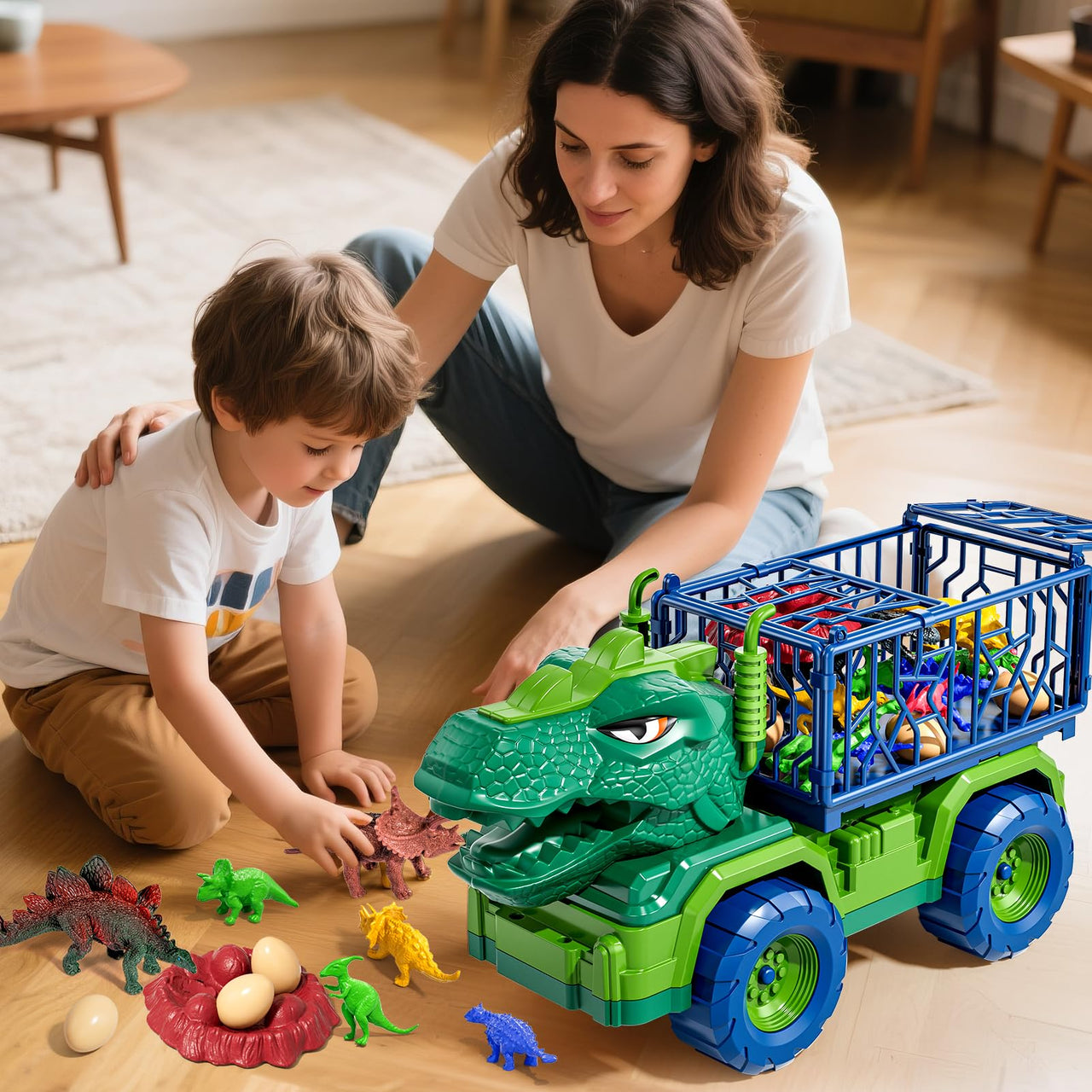 Guminnara 22 in 1 Toddler T-rex Dinosaur Truck Toy Set for Kids Boys 3-5 5-7, Tyrannosaurus Carrier Transport Truck with 18 Jurassic Dino Figures Birthday Toy for Boys Girls 3 4 5 6 7 Years Old