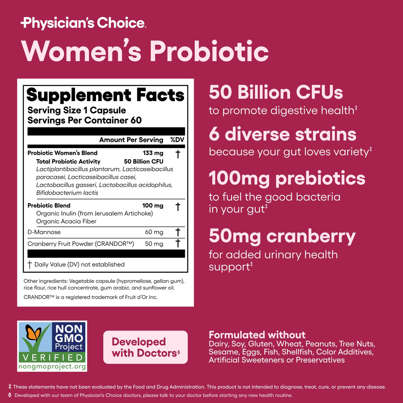 Physician's Choice Probiotics - PH Balance, Digestive, UT, & Feminine Health - 50 Billion CFU - 6 Unique Strains for Women - Organic Prebiotics, Cranberry Extract+ - Probiotic - 60 CT