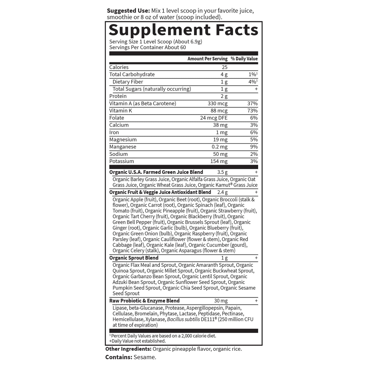 Garden of Life Super Greens Powder Smoothie & Mix, Probiotics & Digestive Enzymes for Digestive Health, Organic Superfoods Nutrition Fruit and Vegetables for Women & Men Energy, Original, 60 Servings