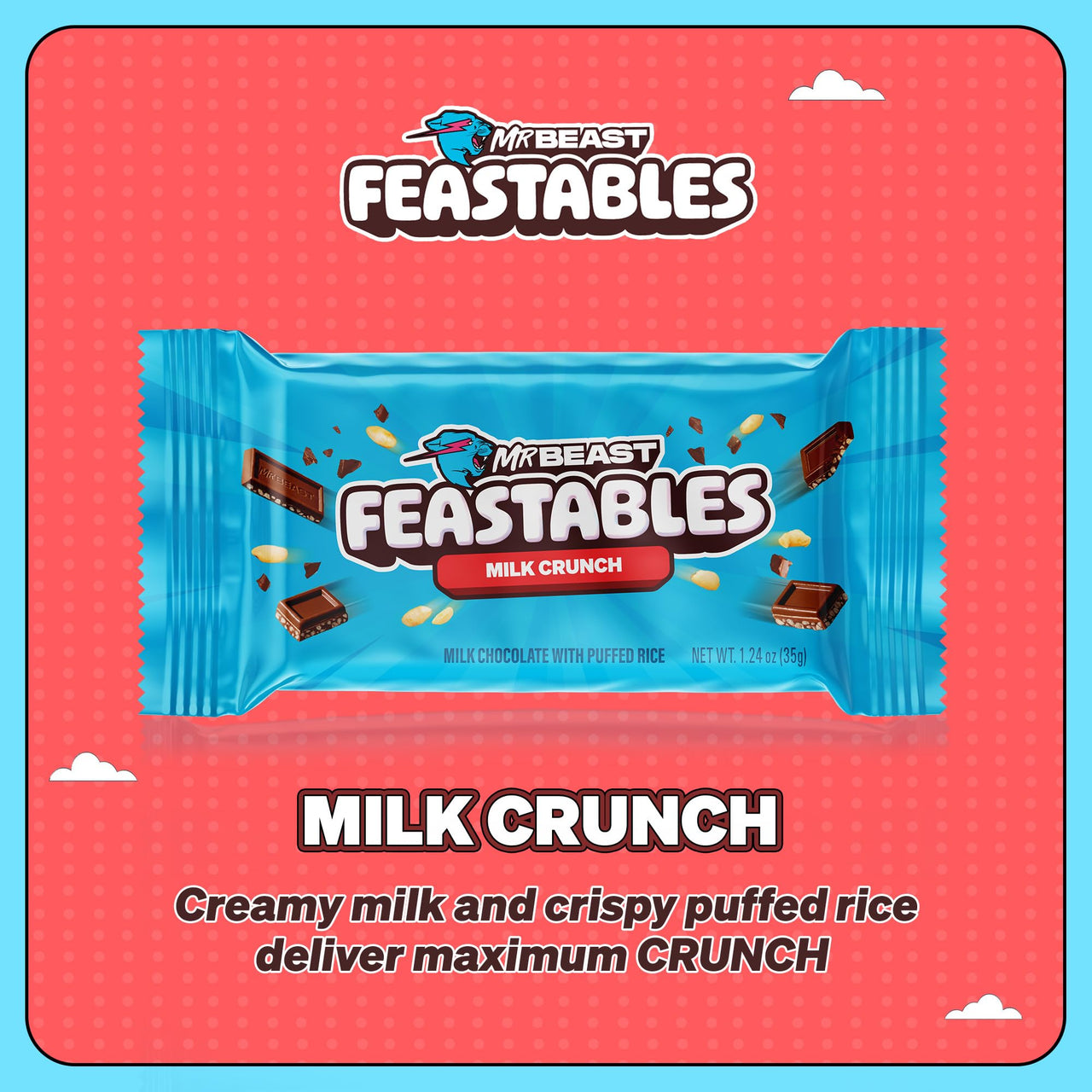 MrBeast Feastables Milk Chocolate Crunch Bar, Full Size, 24 Count, Crispy & Creamy Chocolate Candy, Fairtrade Cocoa, 1.24oz Each