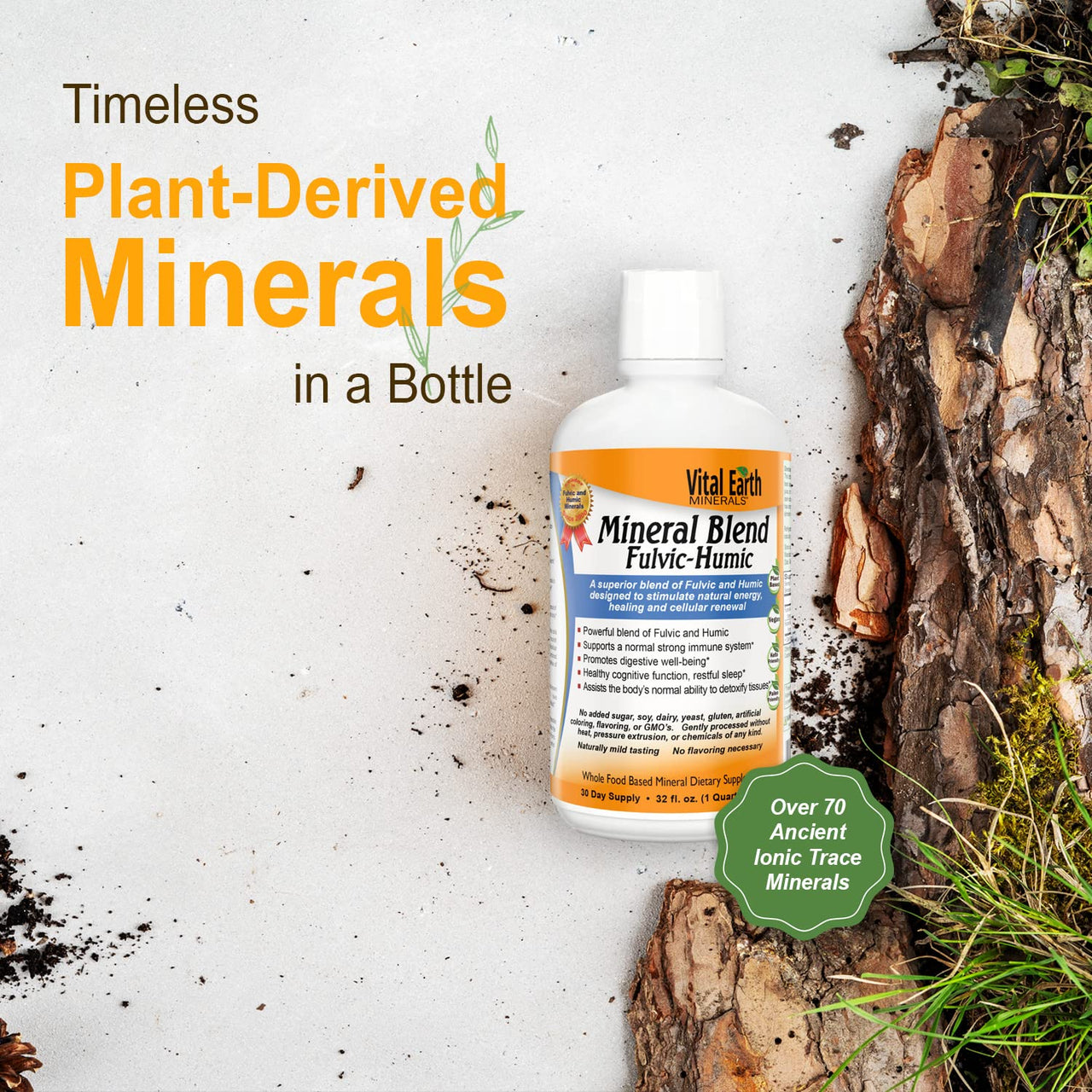 Vital Earth Minerals Fulvic Humic Mineral Blend Liquid – Fulvic Acid Supplement with 70+ Trace Minerals, Electrolytes for Recovery, Balance & Energy, 32 Oz + 1 Oz Cup