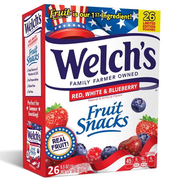 Welch's Fruit Snacks, Red, White & Blueberry, Great Snack for Summer Celebrations, Bulk Pack, Variety Pack, Individual Single Serve Bags, 0.5 Ounces (Pack of 26)