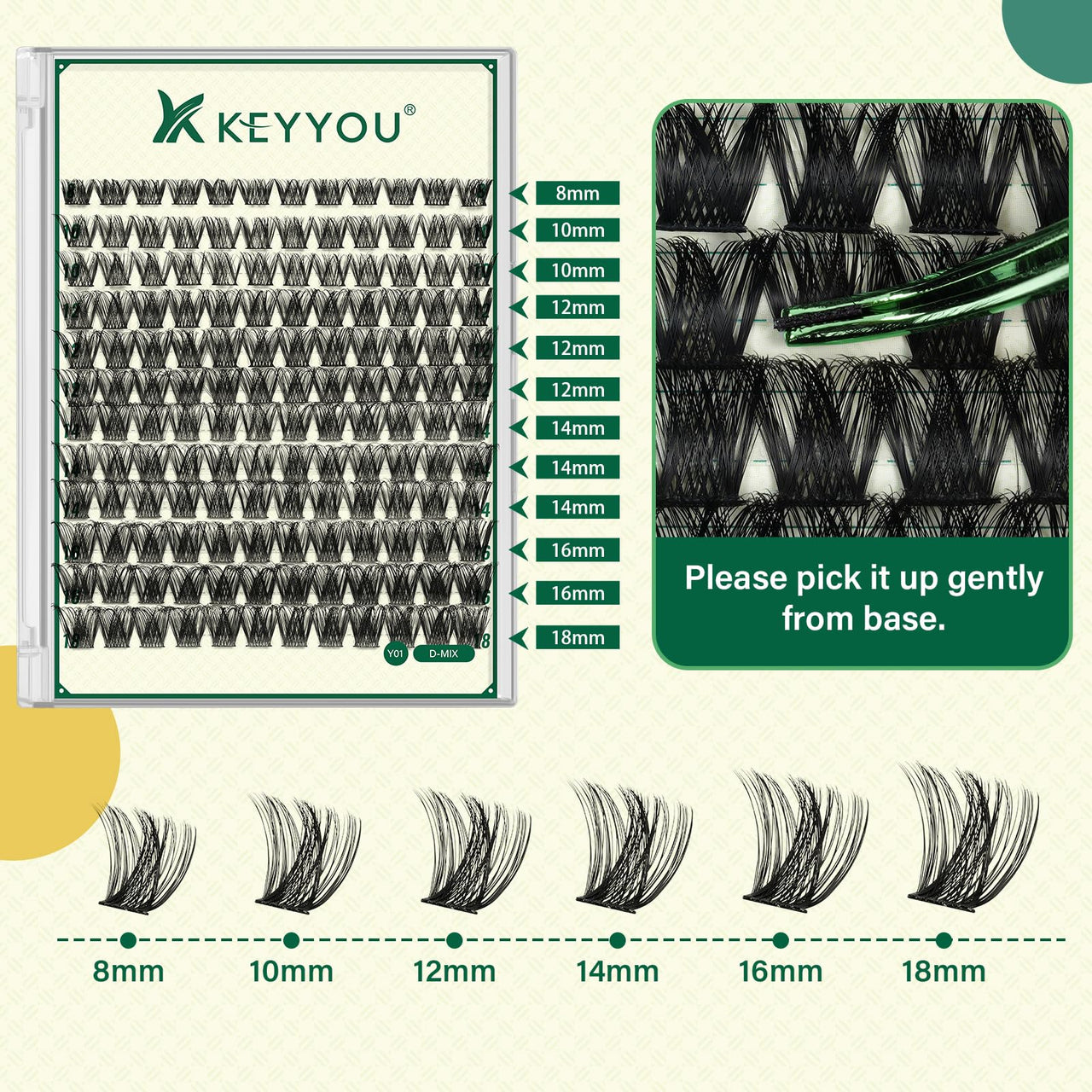 KEYYOU Lash Clusters Kit 144pcs Thick Volume D Curl Lash Clusters Lash Extension Kit with Mascara Brush Bond and Seal Lash Glue Remover Lash Applicators Lash Brush for DIY Lash Extensions (Y02 Kit)