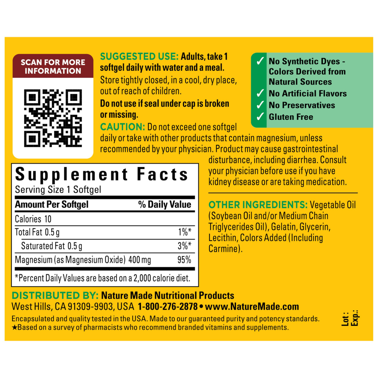 Nature Made Magnesium Oxide 400 mg Softgels, Extra Strength Magnesium Supplements for Men and Women, Support for Muscle, Nerve, Bone and Heart, 60 Day Supply