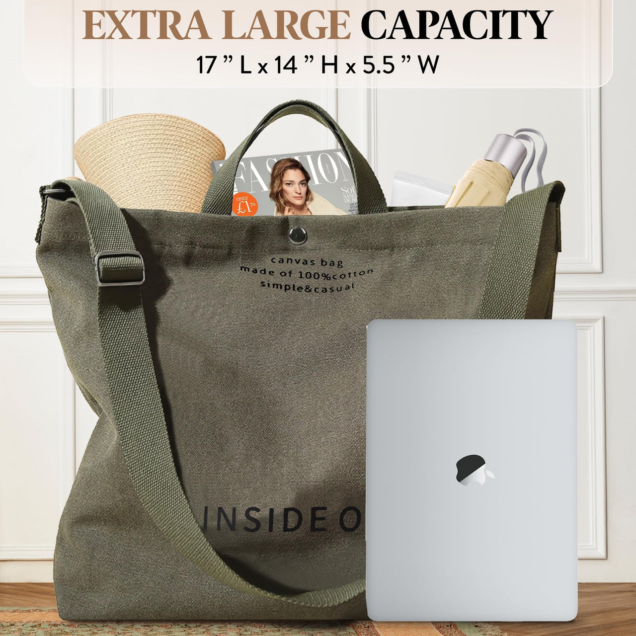 Large Tote Bag for Women, Canvas Gift for Women, Inside Out Bag, Fashion Crossbody 16oz Cotton, Large Capacity Shoulder Tote